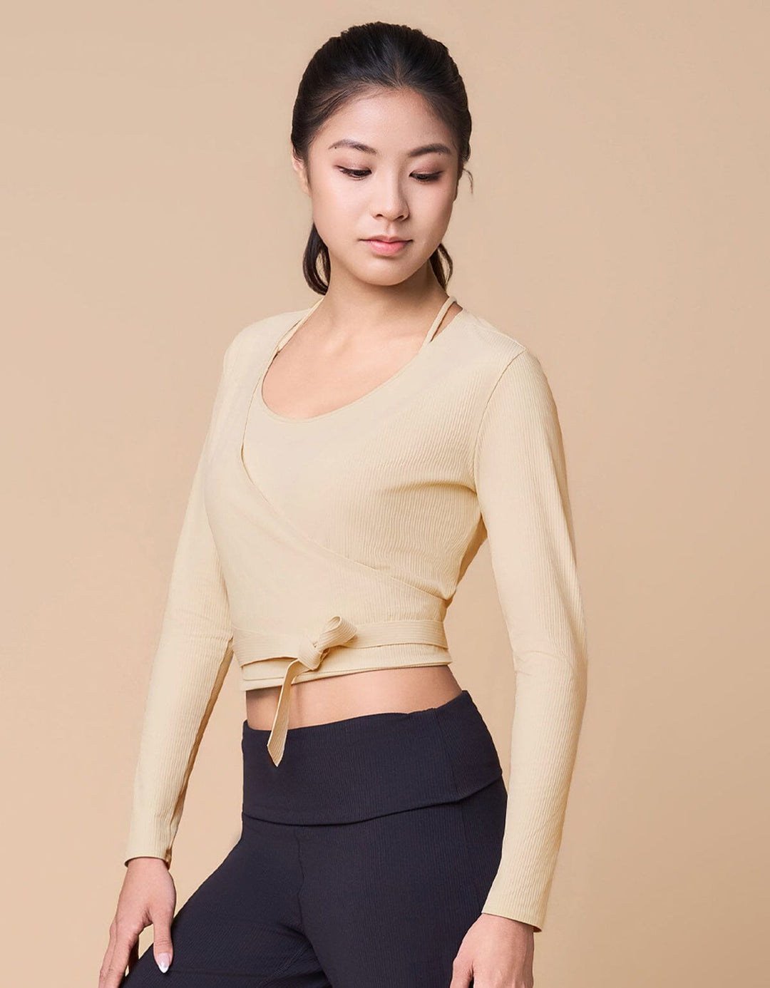 Ribbed Wrap Front Long Sleeve Top Long Sleeve Her own words SPORTS Angora S 