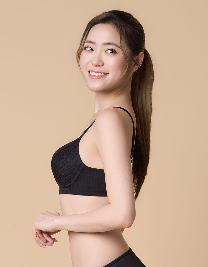 W-Shape Support Non Wired Push Up Cotton Bra Bra Her own words Black 70A 