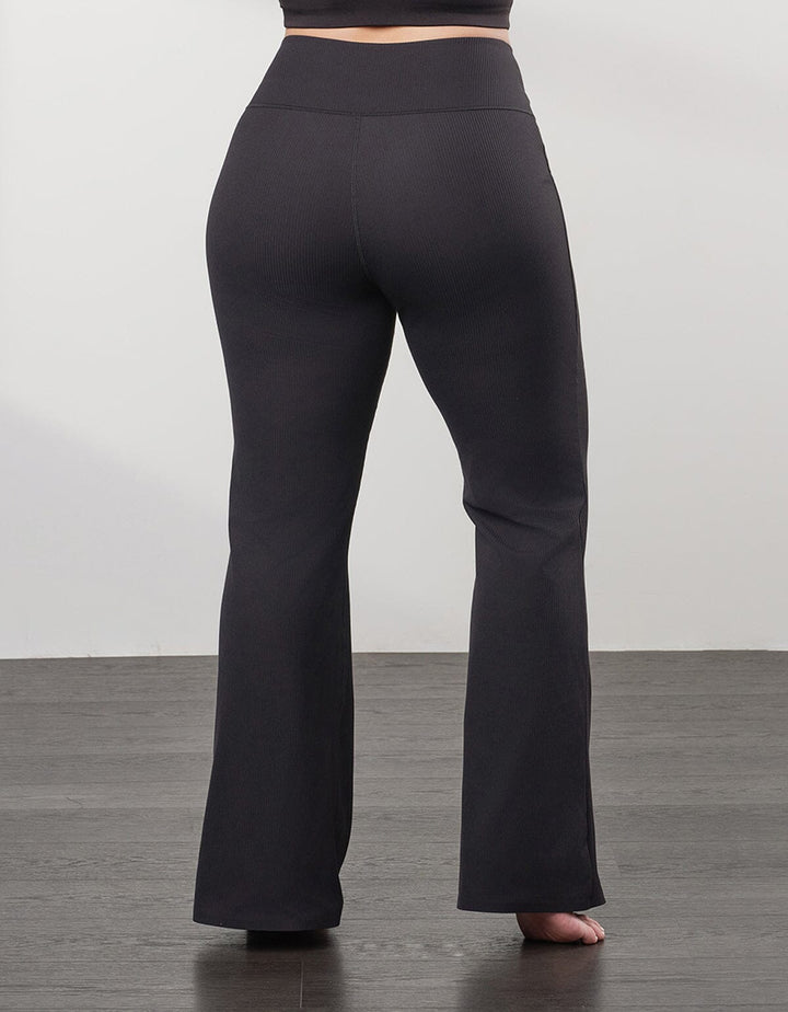 HOW-EFFORTLESS Ribbed High Waist Flare Leg Full Length Flare Her own words SPORTS Black S 